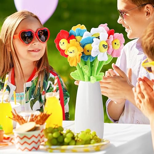 Miniatura 6 de 18 Piezas de Flores de Peluche Sonrientes Rellenas con Tallos Doblables, Juguete de Ramo de Peluche Suave Floral de 12.6 Pulgadas para Graduación