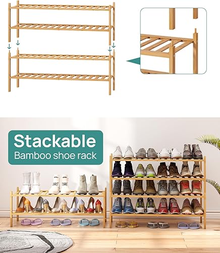 Vista 139 de Zapatero de bambú negro de 4 niveles para entrada, apilable, plegable, natural, organizador de zapatos para armario de pasillo, zapateros de pie