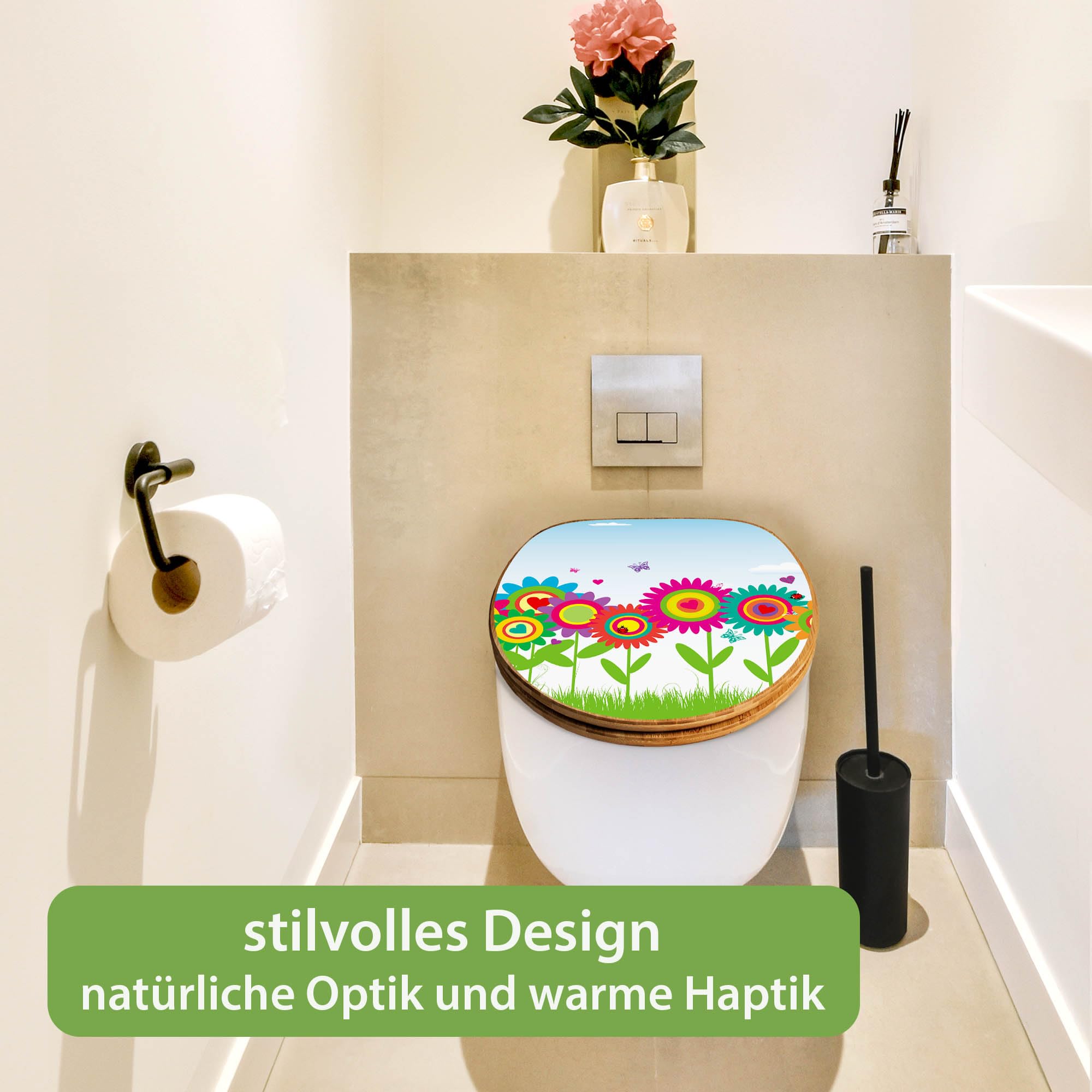 banjado Design WC Sitz Bambus Absenkautomatik 45,8x37,5cm - Toilettendeckel mit Absenkautomatik Holz - hochwertiger Bambus Klodeckel - WC-Sitz für gängigen Toiletten - Motiv Bunte Blumen