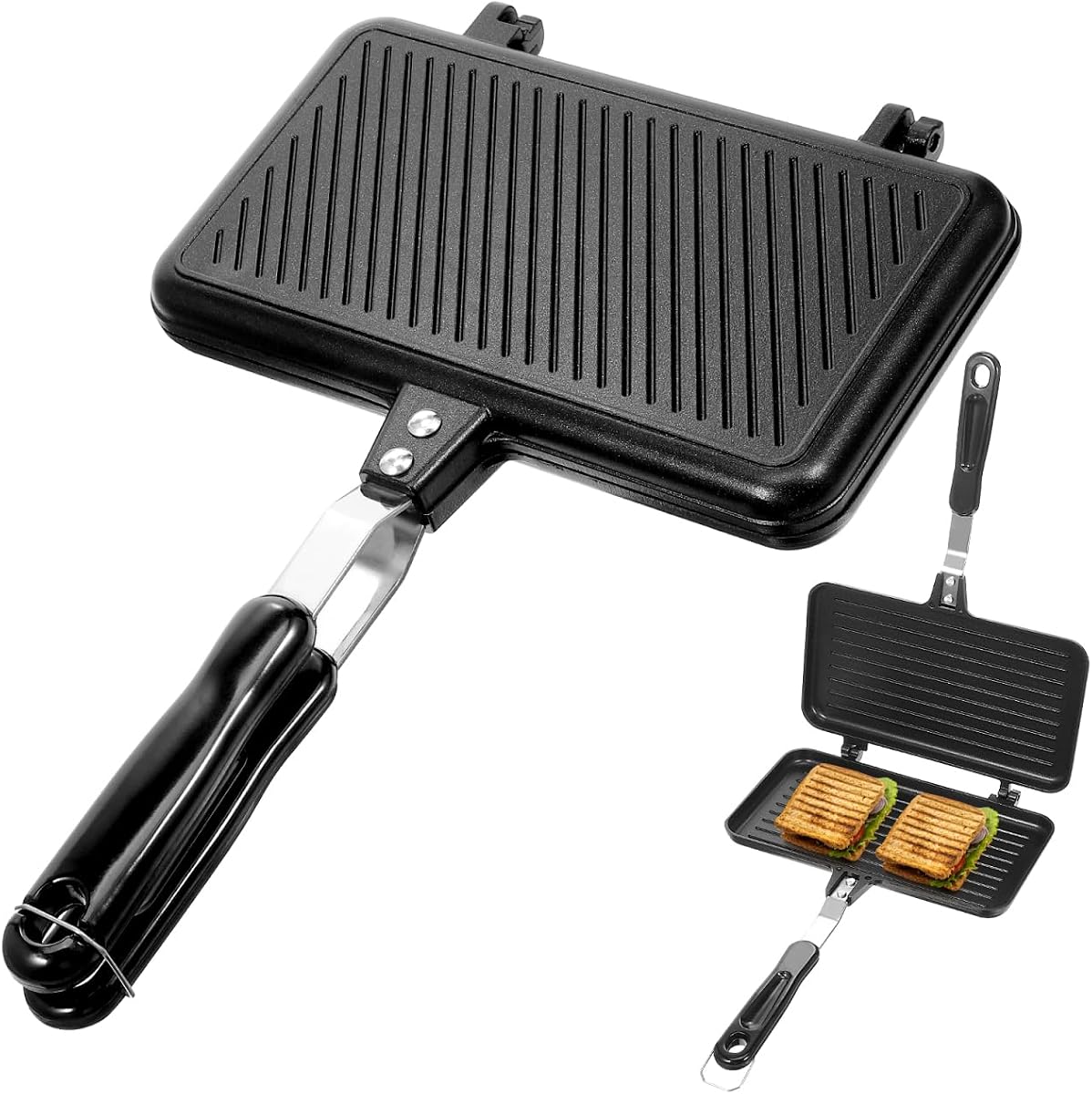Sandwich Maker Grilled Sandwich Maker Pan Non-Stick Hot with Long Handle Double Sided Frying Pan Stovetop Toasted for Home Kitchen Breakfast Camping (Black)