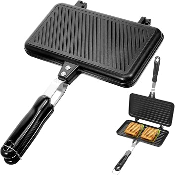 Hemoton Double Sided Panini Pan Sandwich Frying Pan with Ergonomic Handle Non Stick Bakeware Plate for Stovetop Toasts Waffles Eggs Steaks 13.97 X 9.44 X 1.18 in