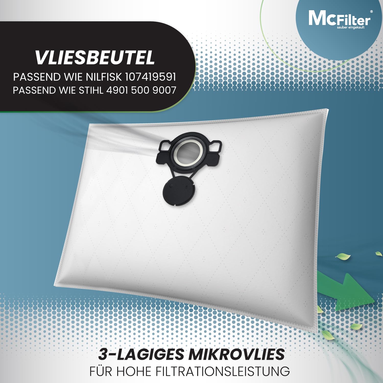 McFilter 10 bolsas de aspiradora compatibles con Nilfisk | Attix 30 | Attix 3 | IVB 3 | Compatible como 107419591 | Microfieltro de 3 capas con cierre higiénico | Cubierta de plástico