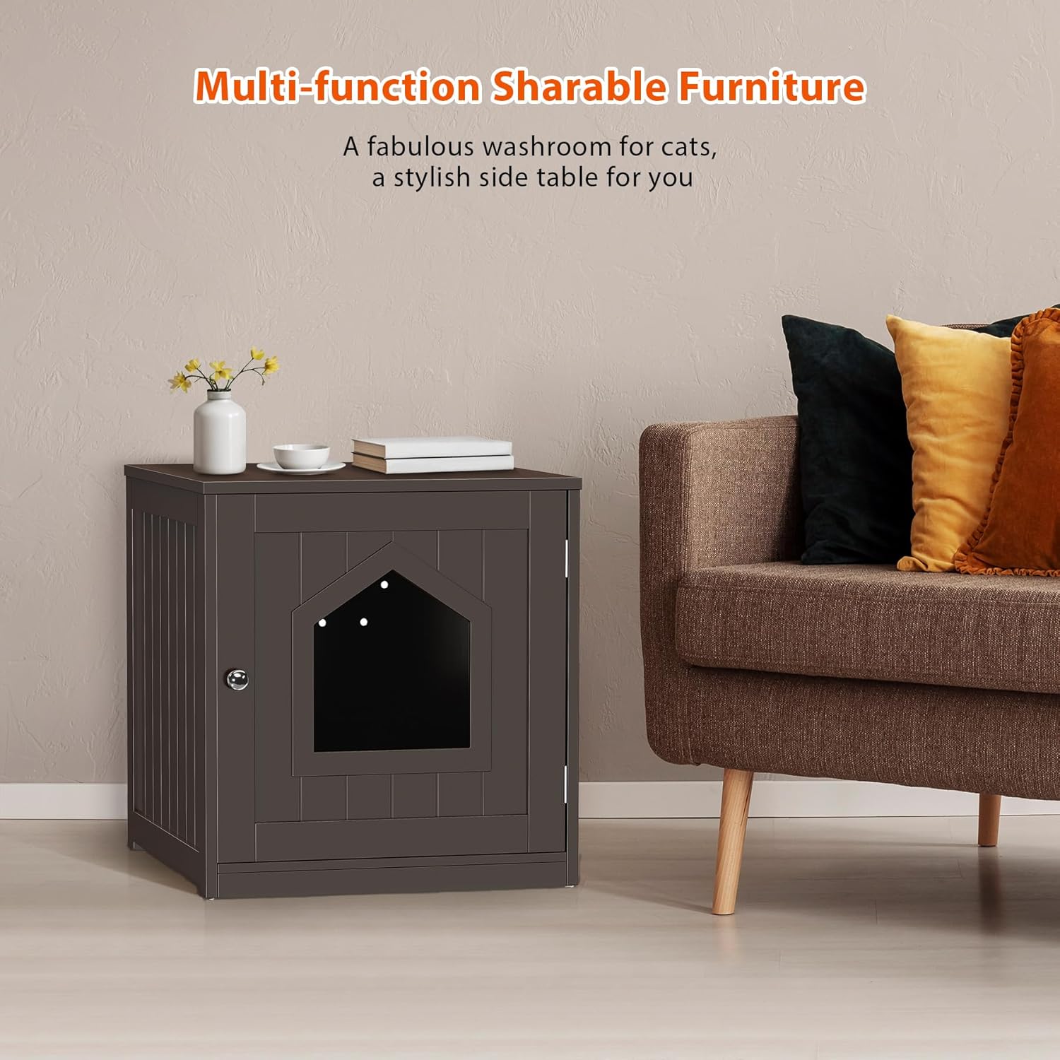 Cat Litter Box Enclosure Furniture Hidden for Indoor Cats Decorative Wooden Pet House Kitty Washroom with Vent Holes, Coffee