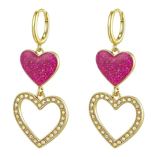 AnotherKiss Valentines Day Earrings for Women, Heart Dangle Double Love Drop Earrings, Holiday Jewelry Party Accessories