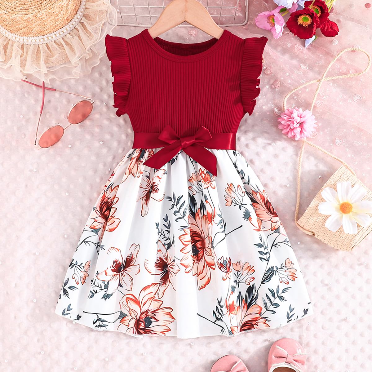 Robe Bowknot Fille Robes pour Enfants Papillon Imprimé Floral Robe Princesse Enfant pour Mariage Anniversaire FêTe 4-8 Ans