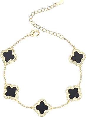 Billet-doux 14k Gold Plated Clovers Bracelet with Sparkling Cubic Zirconia Stones, Non-Tarnish Gold Plated Four Leaf Clover Bracelet, Mothers Day Jewelry Gifts for Women