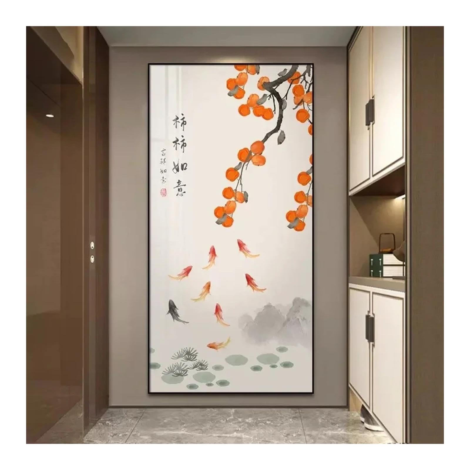 Retro Wall Art Chinese Style Persimmon Allegorical Auspicious Carp Flowers Poster Prints Home Bedroom Living Room Decor -(70x140cm) 28x55in frameless