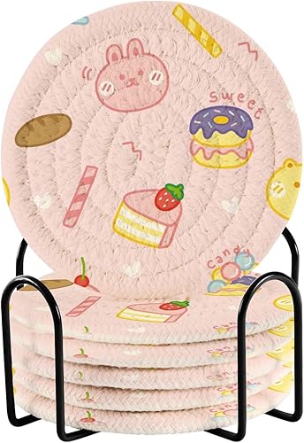 Juego de posavasos de 4 pulgadas con soporte, diseño de conejo, dona, té de burbujas, melocotón, juego de 6 posavasos absorbentes para protección de