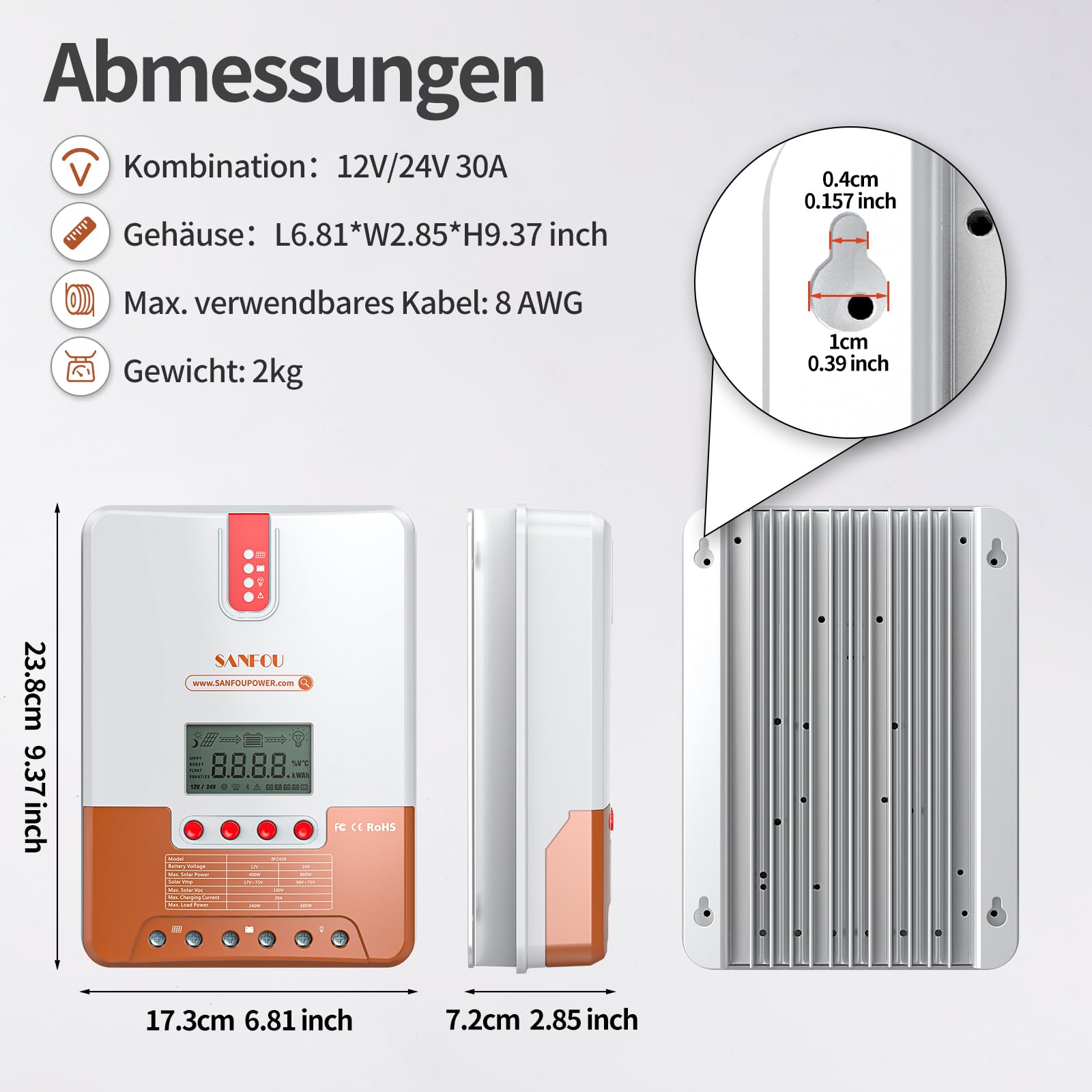12V/24V 30 Amp MPPT Solarladeregler mit einstellbarer LCD-Anzeige, Solarpanel-Regler, Standard für LiFePO4-Batterien und Kompatibilität mit anderen Batterietypen für Wohnmobil und Off-Grid