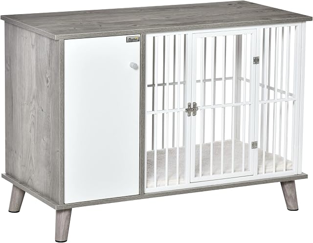 PawHut Dog Crate Pet Kennel Cage Large Top End Table w/ Side Cabinet Soft Cushion for Small Dogs Grey 98 x 48 x 70.5 cm