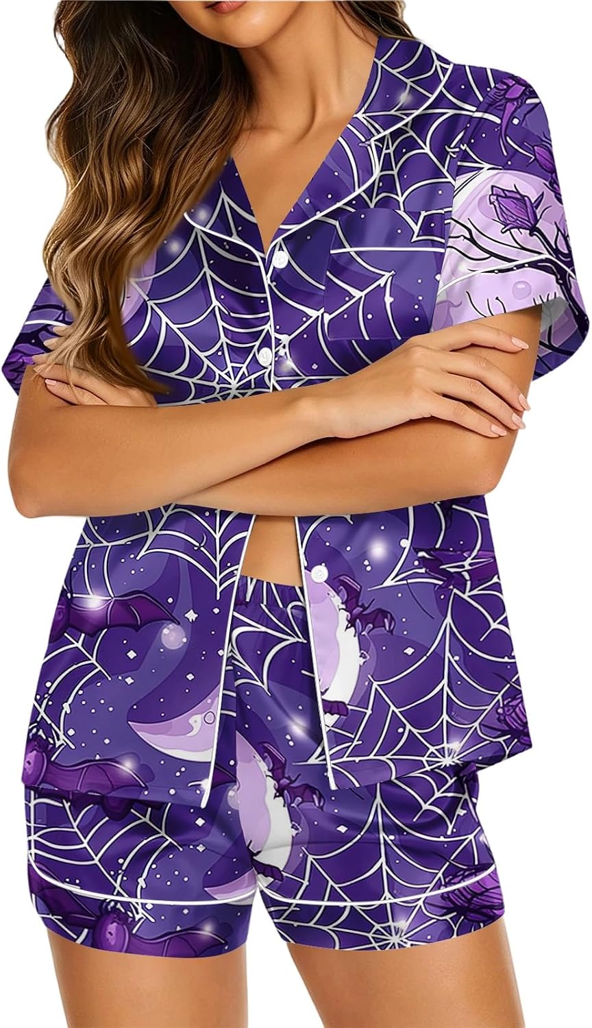 Women Halloween 2Pcs Pajama Set Notched Lapel Outfits Elastic Shorts with Ghost Bat Spider Pumpkin Skeleton Autumn