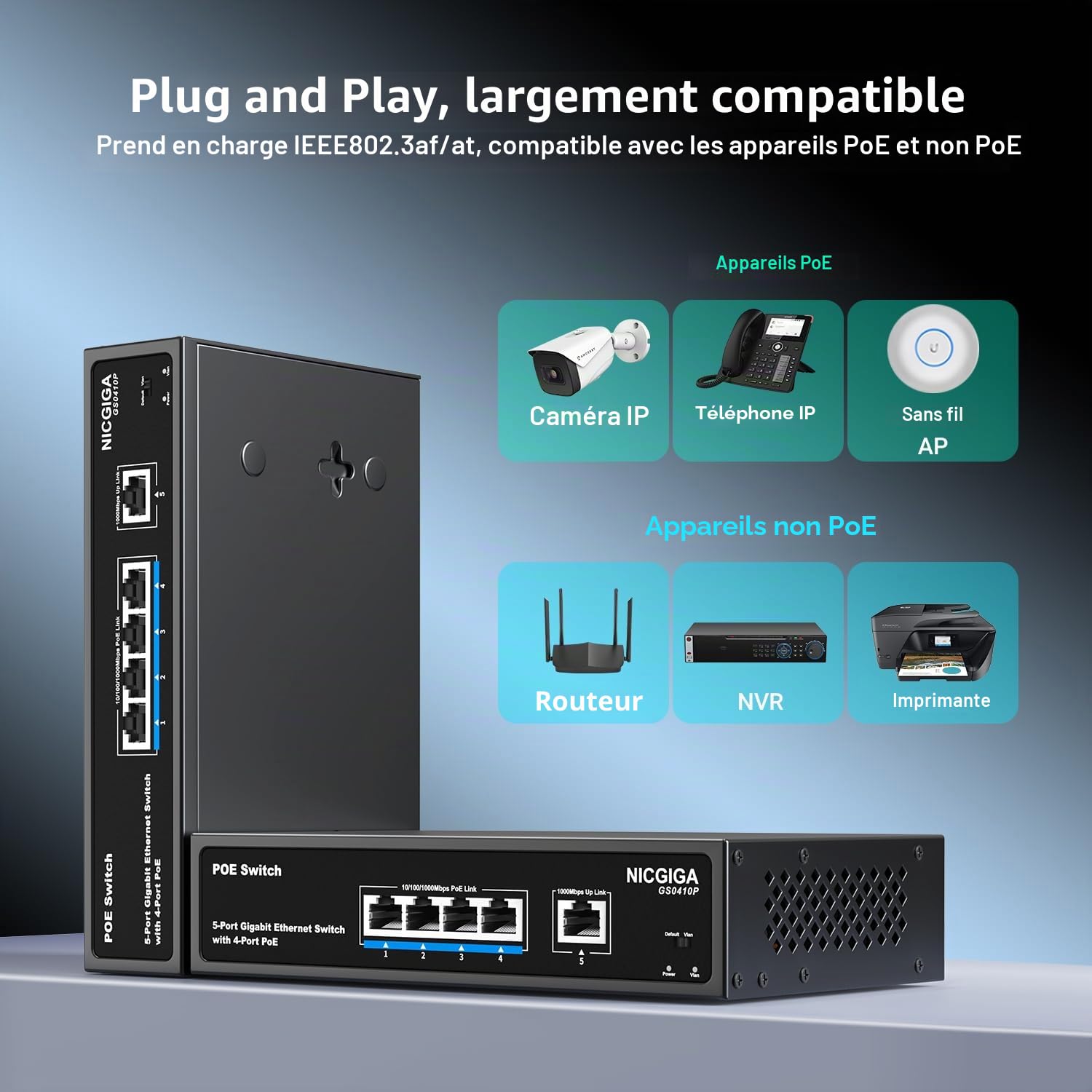 Commutateur PoE Gigabit 4 Ports Non administré avec 4 Ports IEEE802.3af/at PoE @78W, 1 x 1000Mbps Uplink, NICGIGA 5 Port Network Power Over Ethernet Switch, VLAN Mode, Desktop/Wall-Mount.