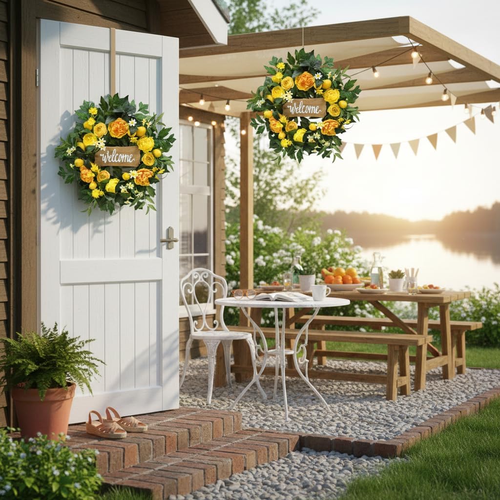 22 Inch Lemon Wreath for Front Door with Welcome Sign Large Artificial Spring Summer Wreath with Yellow Peonies, Greenery & White Blooms, Rustic Farmhouse Porch & Wall Decor