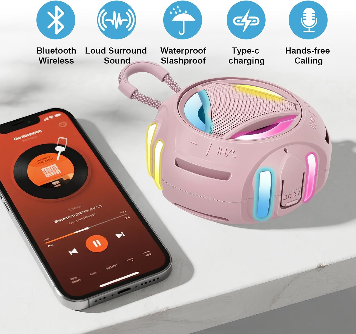 Portable Bluetooth Speaker, IPX7 Waterproof Wireless Outdoor Speakers, Mini Shower Speaker, Floating, Built-in Mic, 24H Playtime with LED Lights,Loud HD Sound, Powerful Bass, Gifts for Unisex - Pink - Image 8