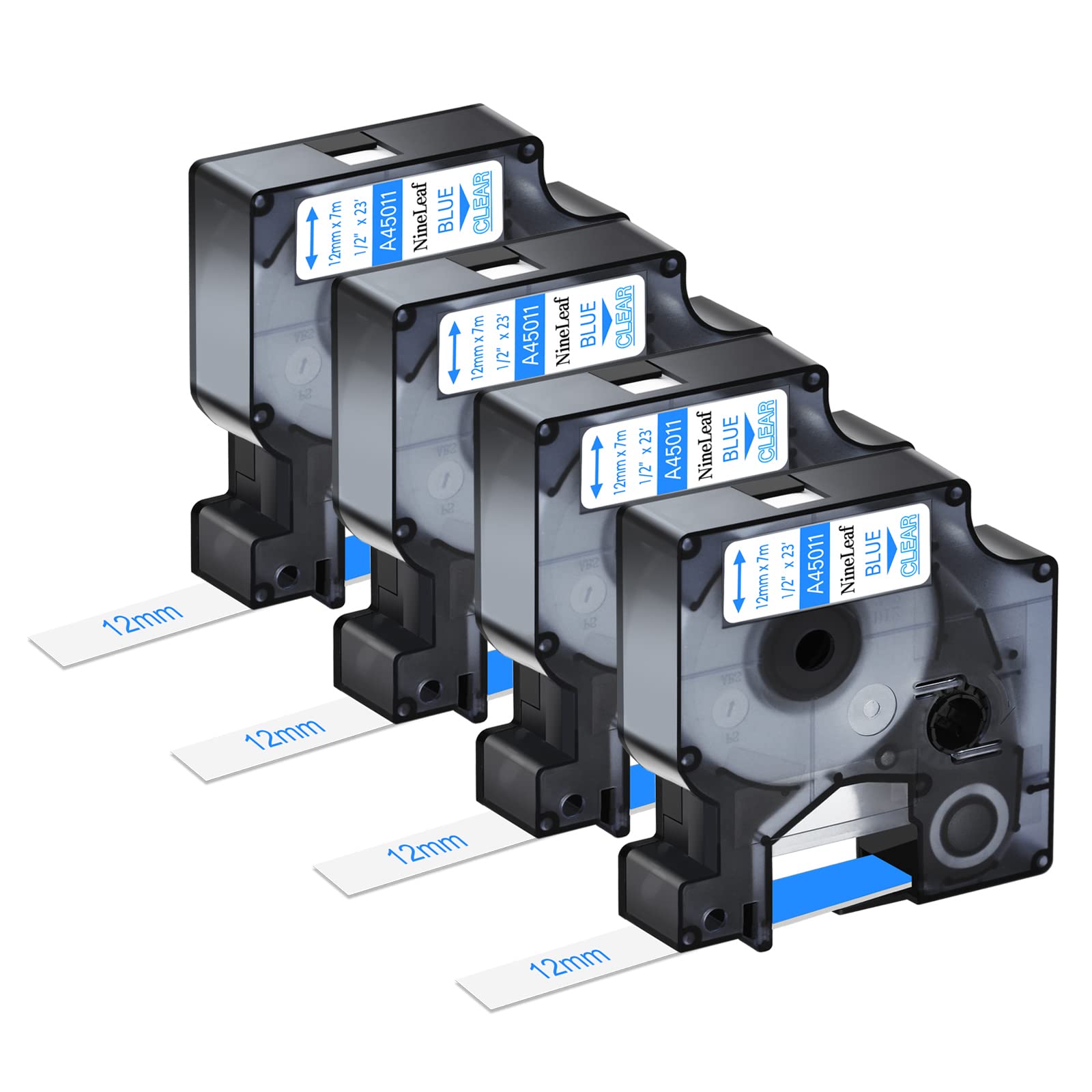 NineLeaf 4 Pack Replacement for Dymo D1 45011 S0720510 A45011 12mm x 7m 0.47'' 1/2 inch Blue on Clear Label Tape for Label Writer 450 Duo 400 Duo 3M PL100 PL150 PL200 PL300 Label Maker โ image 1