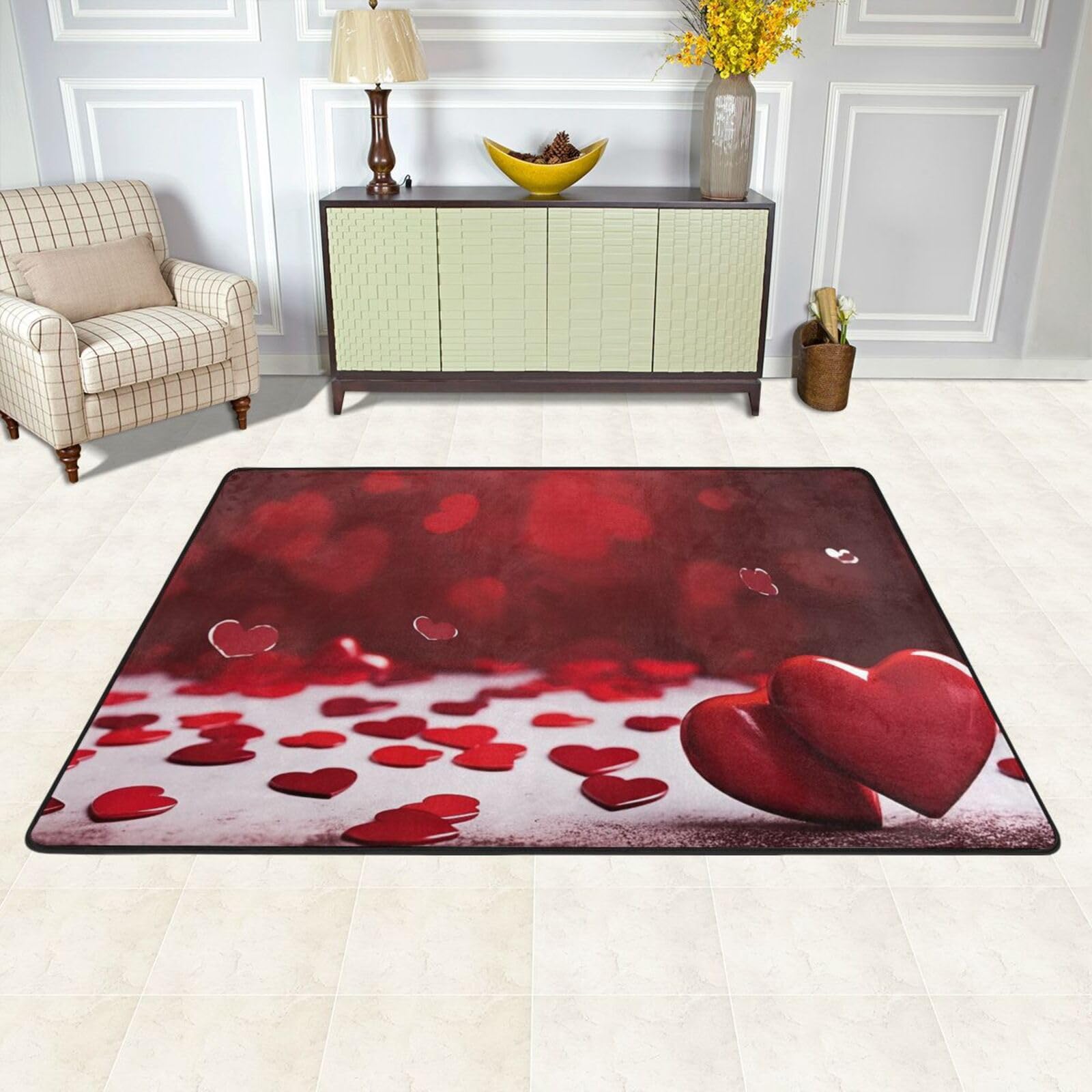 Tapis de sol absorbant 91x61 cm rouge à cœurs pour chambre et cuisine