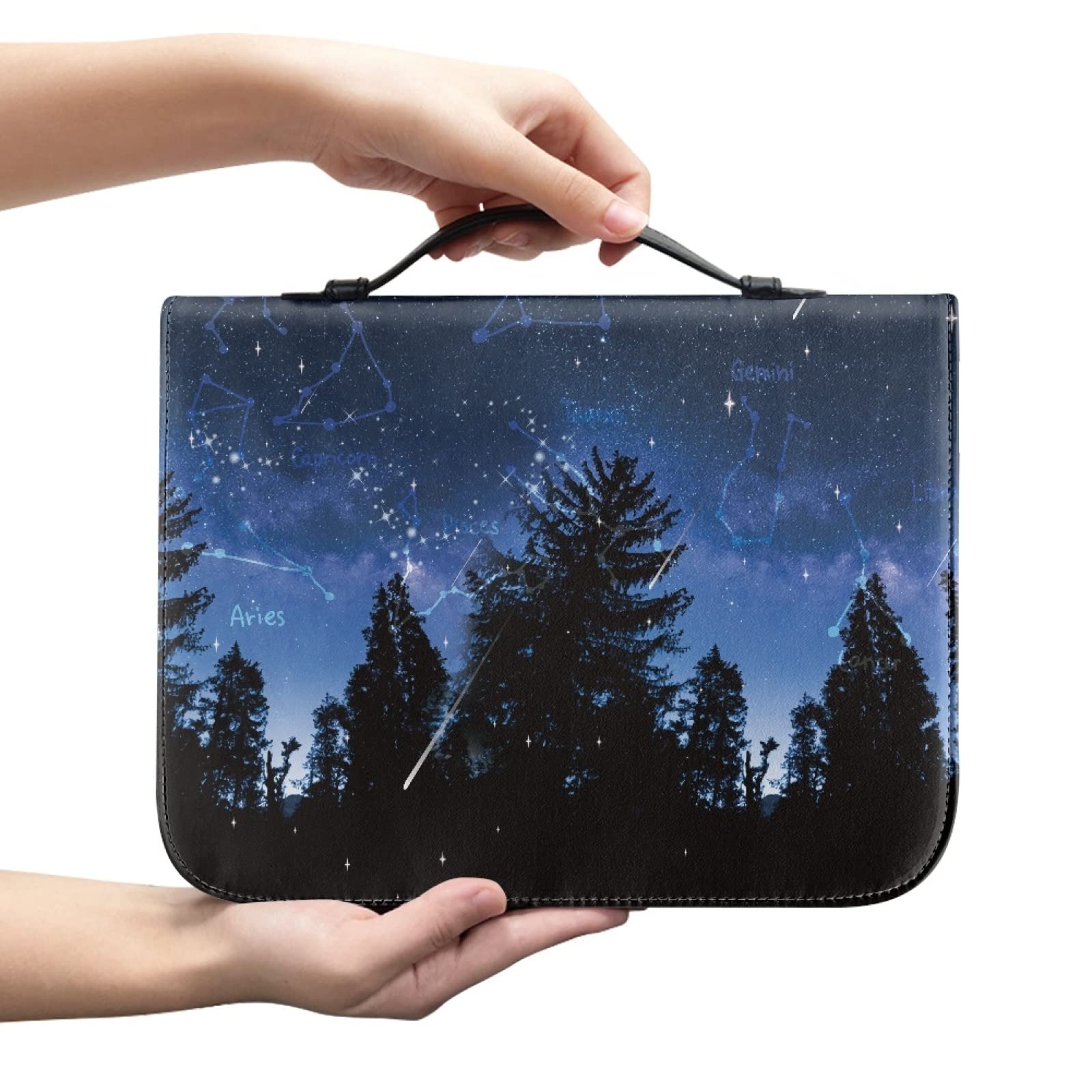 Kuiaobaty Starry Night Forest Book Cover Case for Notebook,Novel,Bible, Handle Zipper PU Leather Carrying Book Case for Men,Women Kids - Image 4
