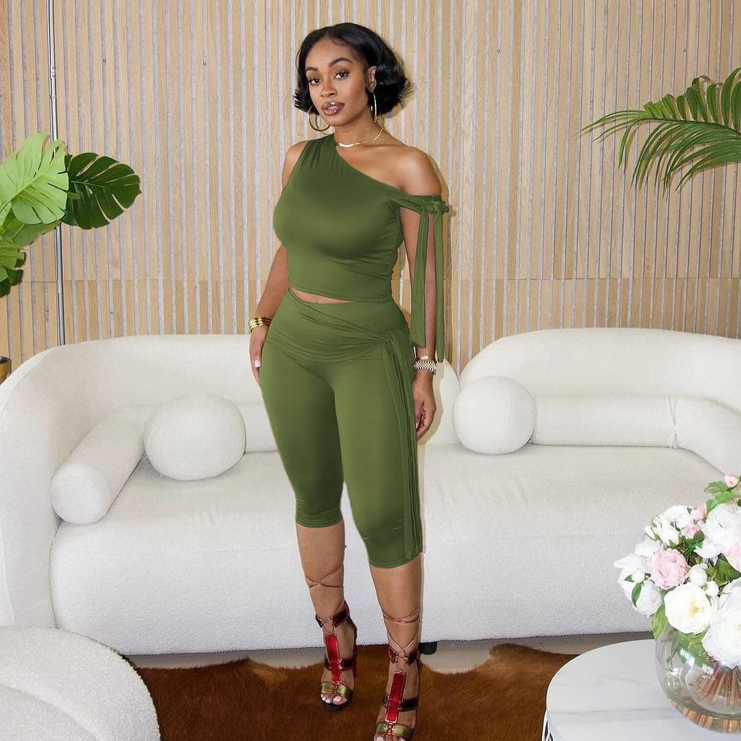 Elainone Capri Sets Women 2 Piece Outfits Sexy One Shoulder Sleeveless Crop Tops Bodycon Pant Sets - Image 5