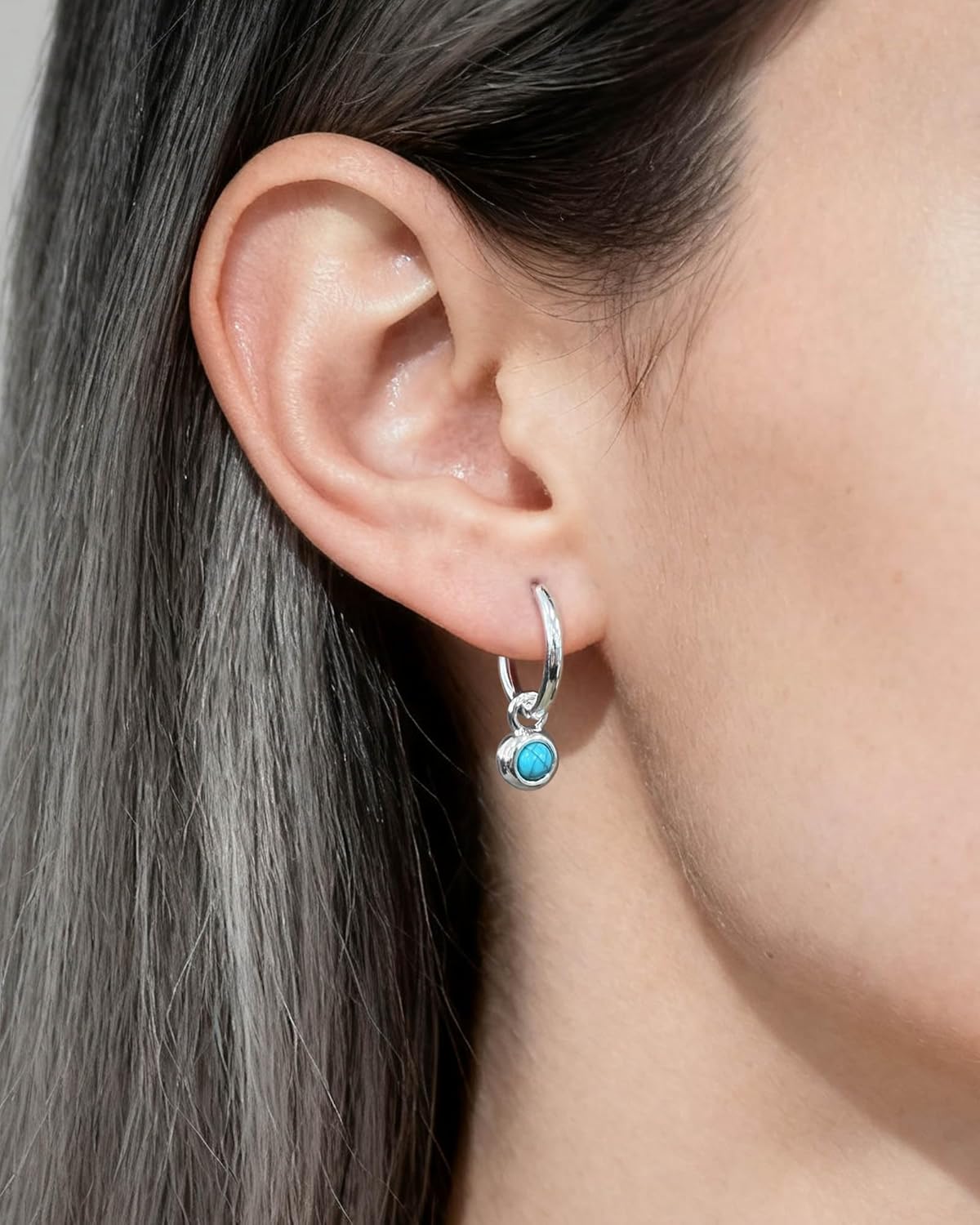 Tiny Turquoise Huggie Small Hoop Earrings with December Birthstones, Hypoallergenic Silver Statement Western Drop Dangle Earrings for Women - Image 3