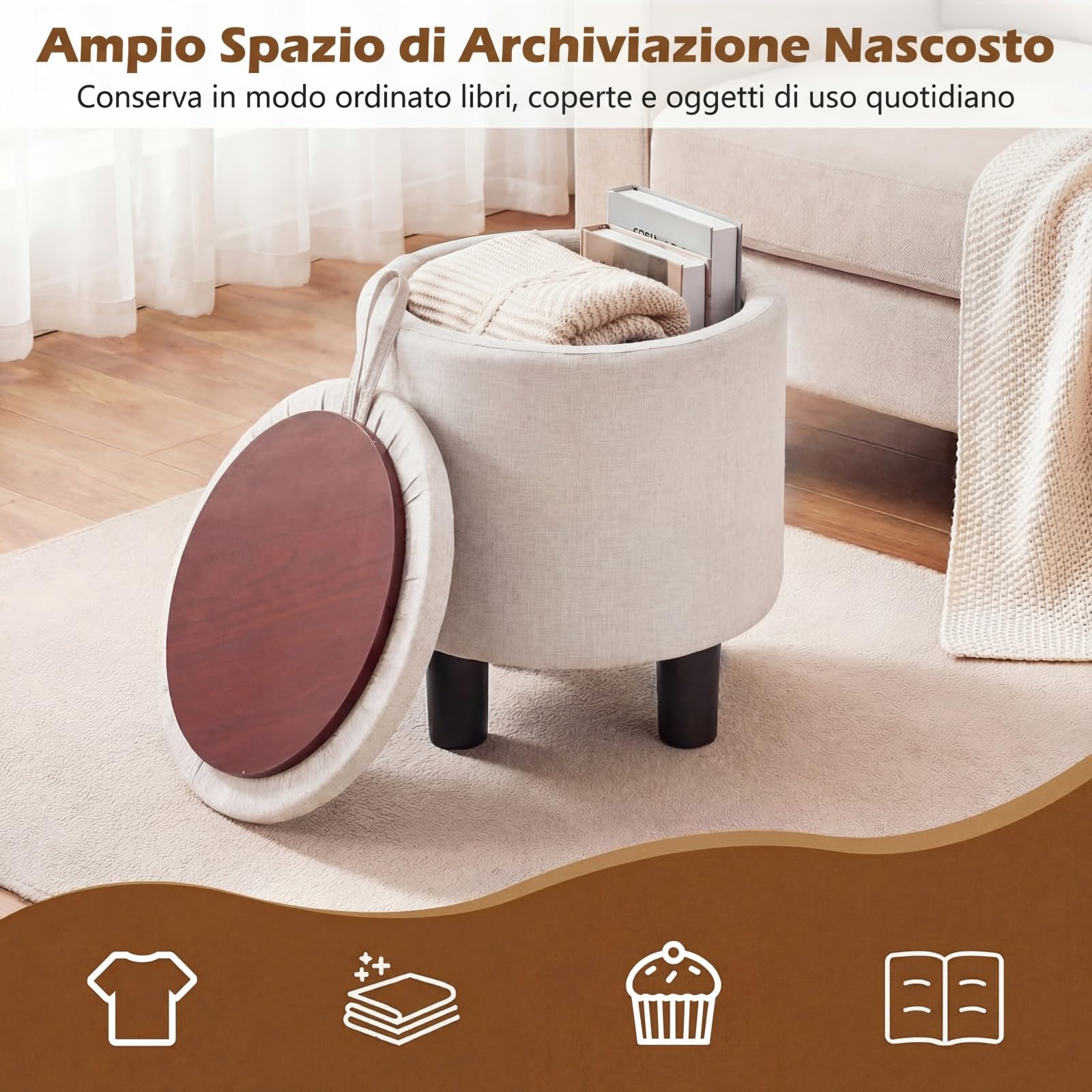 COSTWAY Pouf Contenitore Rotondo, Sgabello Poggiapiedi in Tessuto, con Coperchio Rimovibile, Poggiapiedi per Soggiorno e Camera da Letto, 38 x 38 x 42 cm