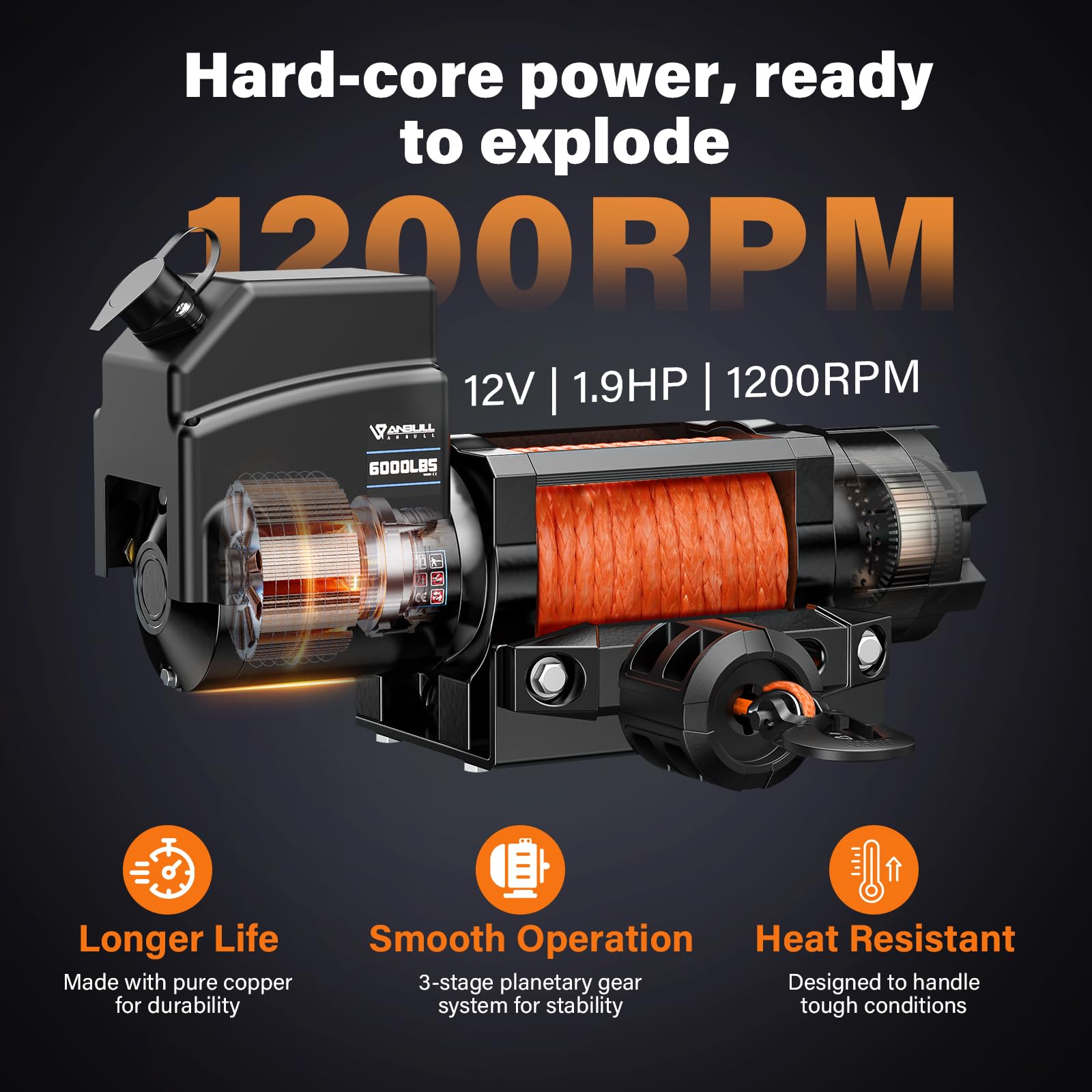 Anbull Wciągarka elektryczna 12V 6 000 LBS / 2722 Kg, Nie wymaga okablowania, IP68, lina syntetyczna 6,3 mm x 16,8 m, lina nylonowa, kompatybilna z Quad, ATV, UTV, elektryczny wciągarka 12 V