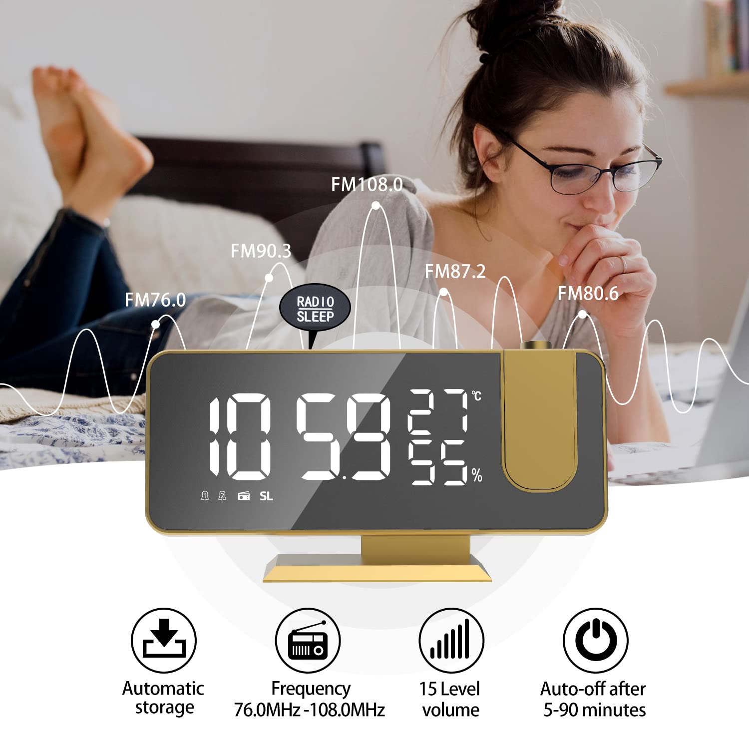 Budzik projekcyjny do sypialni, cyfrowy budzik z ładowarką USB, duży wyświetlacz LED z lustrem 18,8 cm, budzik radiowy, podwójny inteligentny alarm z projekcją sufitową, złoty
