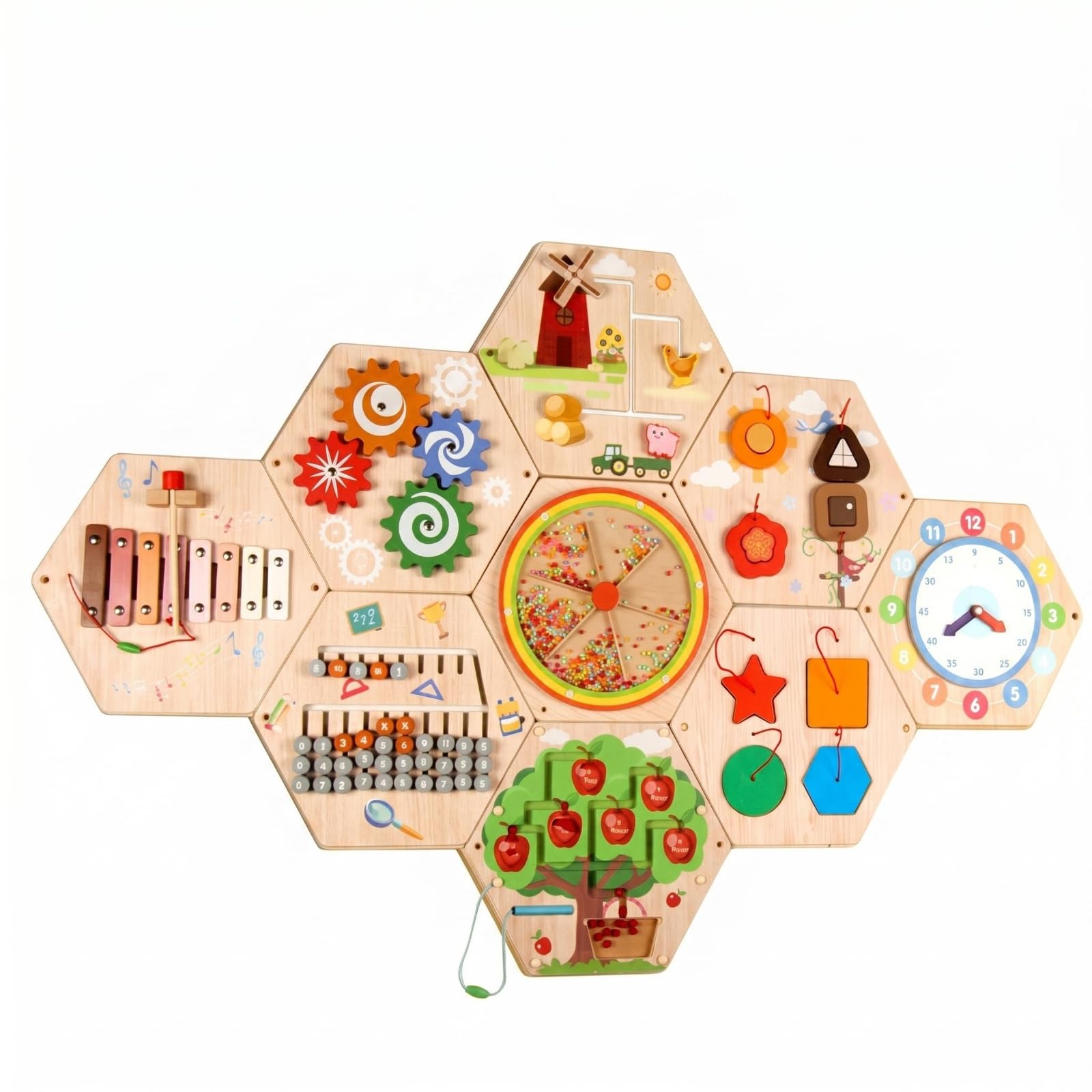 Tableau d'apprentissage pour Enfants Tableau d'exercice Panneau Mural Activités en Bois pour la Coordination Main-œil Exploration Sensorielle Adapté à, Hexagone 4.5kg