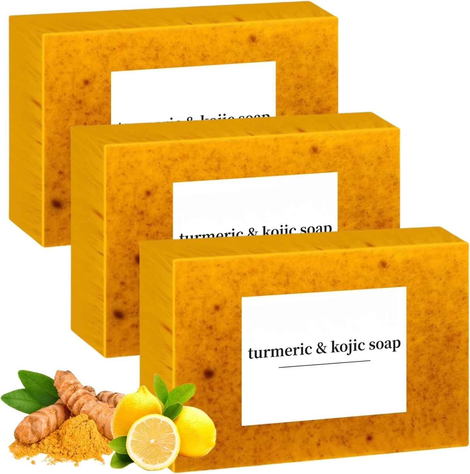 Turmeric Soap for Spots Remover - Honey Lemon Turmeric Kojic Soap Bar for Face and Body, Organic Daily Use Skin Care Soaps, Evens Skin Tone Deep Cleansing Moisturizing (3pcs)