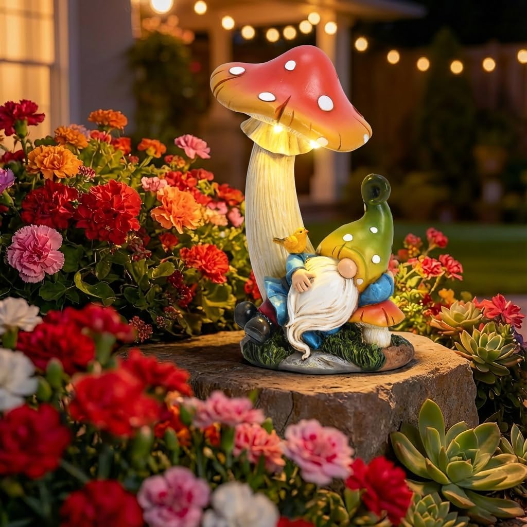 TERESA'S COLLECTIONS Garden Decor, Garden Gnome Resting Under Mushroom, Gnomes Decor, Solar-Powered Resin, Waterproof Garden Decor, Garden Gifts for Mom,Indoor/Outdoor,7.5"