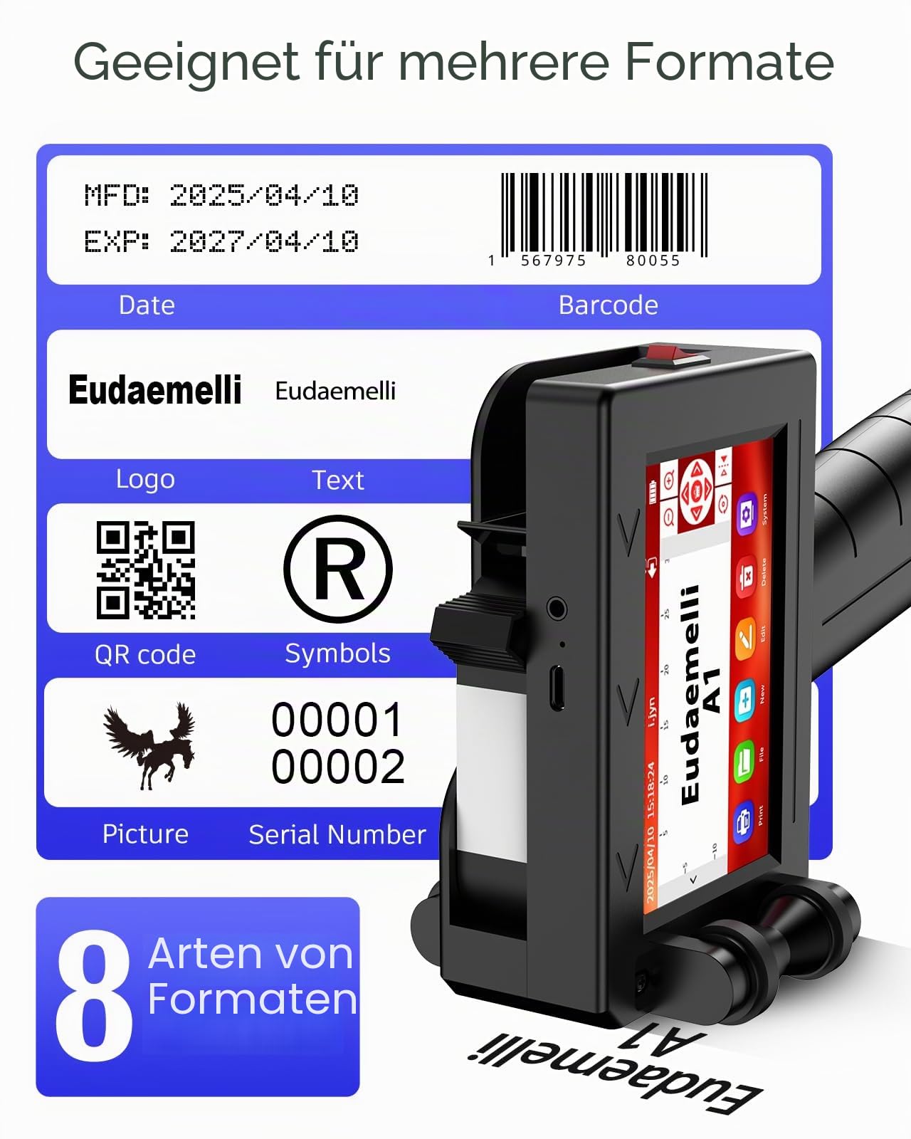 A1 Tragbarer Handdrucker,Hand Tintenstrahldrucker von Texten/Logos/QR-Codes/Strichcodes/Datum, Tintenstrahldruckerpistole Karton/Metall/Kunststoff/Keramik/Holz/Textilien,Druckhöhe: 2-12.7 mm