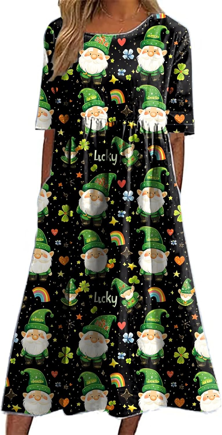 St Patricks Day Dress for Women Shamrock Crewneck Short Sleeve High Waist 2025 Summer Casual Flowy Fashion Dress