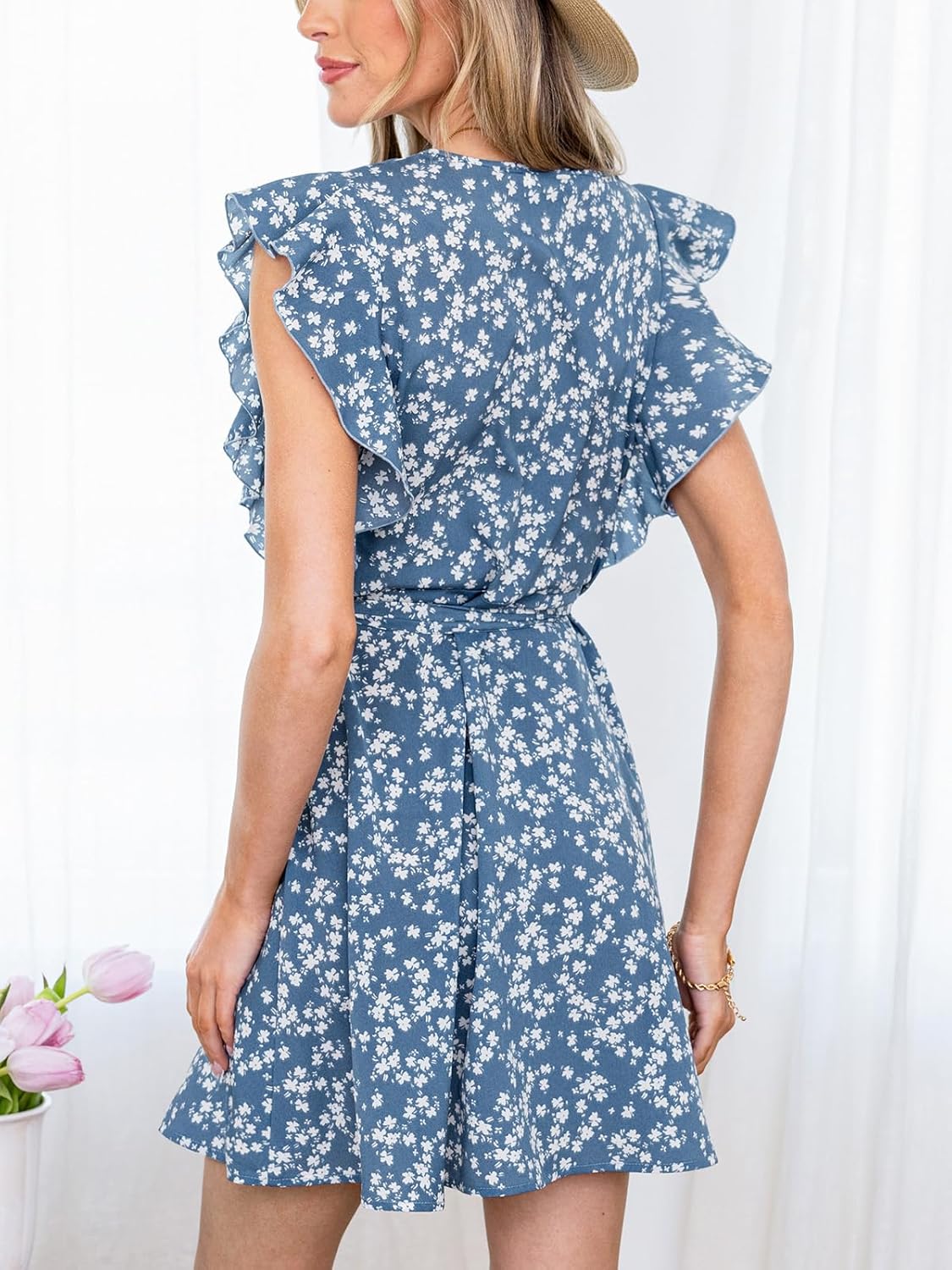 CUPSHE Women Floral Summer Dress 2025 V Neck Ruffle Flutter Sleeve Waist Tie Casual Sundress Holiday Vacation Mini Dress - Image 2