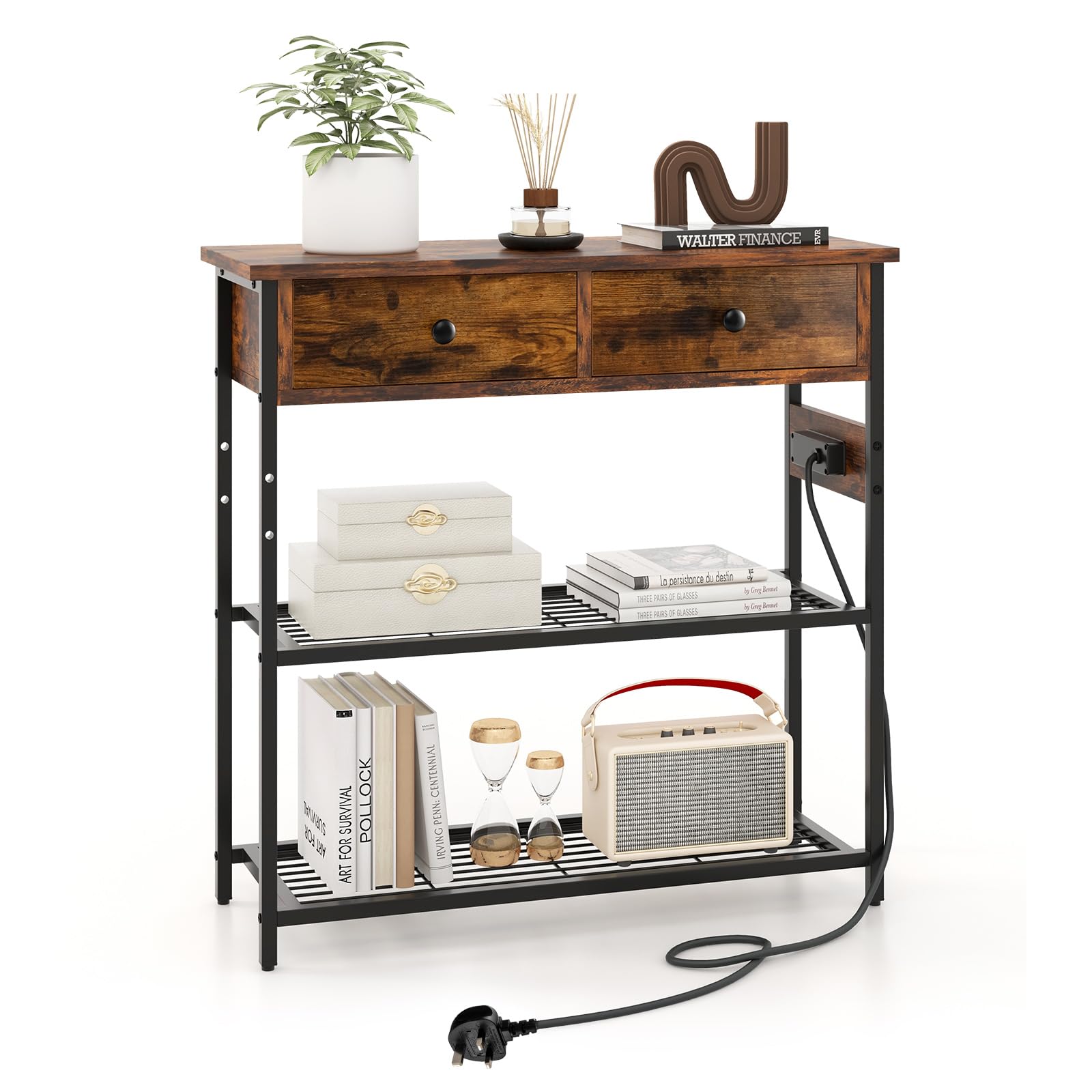 GIANTEX Mesa Consola de 3 Niveles con 2 Cajones y 2 Estantes de Metal, Mueble de Recibidor Estrecha con Estación de Carga, 81 x 30 x 81 cm, Mesa Auxiliar para Salón, Entrada (Marrón Rústico)