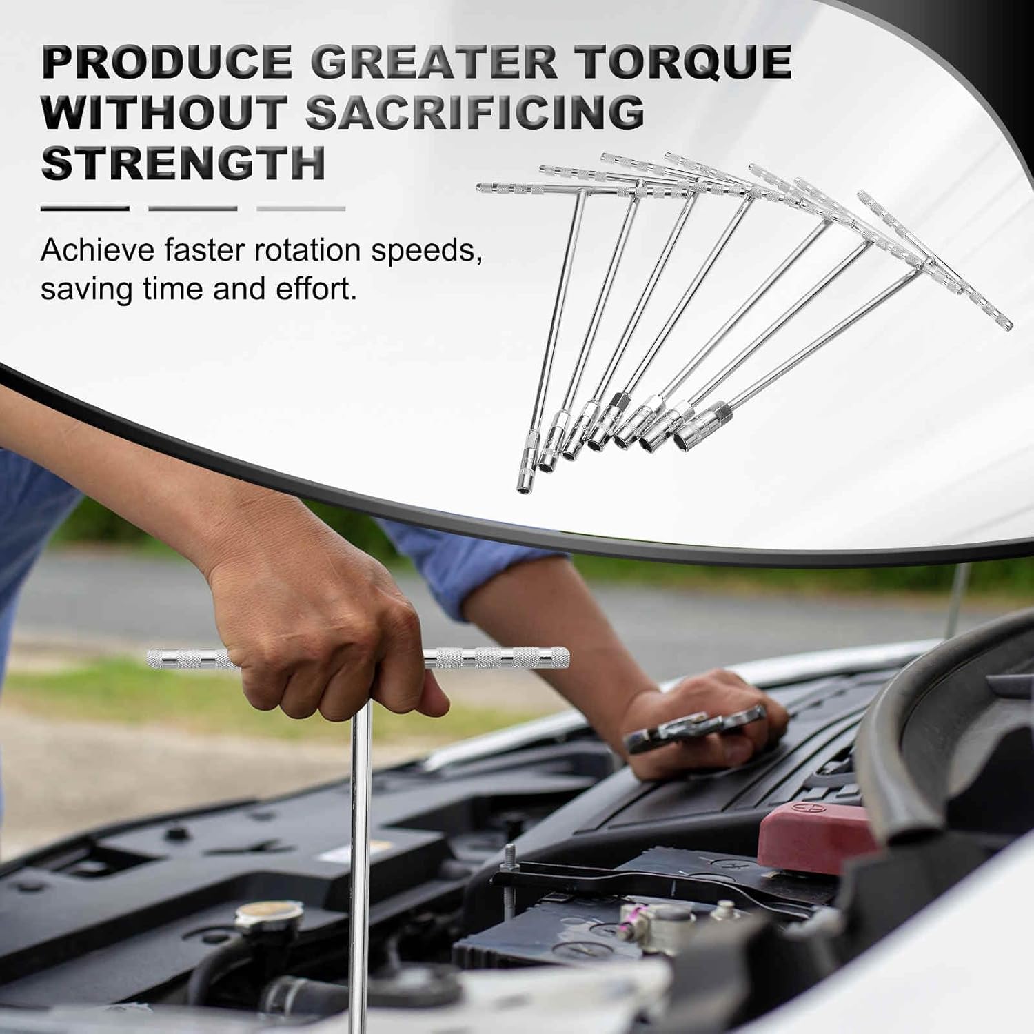 HARFINGTON 10pcs T-Handle Wrench Socket Set, 6-Point Steel Metric Socket Wrench (7/8/9/10/11/12/13/14/17/19) with Long Reach for Motorcycle Bicycle Car Repair, Silver