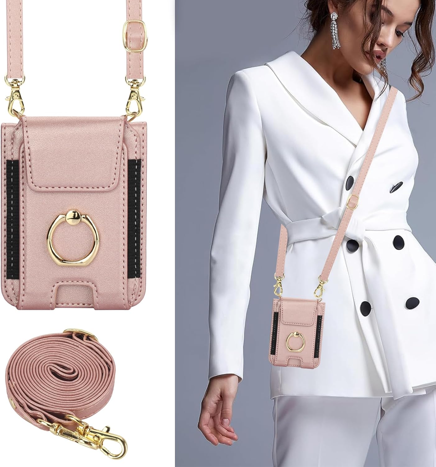 Asuwish Phone Case for Samsung Galaxy Z Flip 4 5G 2022 Wallet Cover with Ring Crossbody Wrist Strap Lanyard Credit Card Holder Slot Cell Leather Purse ZFlip4 Z4 Flip4 4Z Women Men Girls Rose Gold
