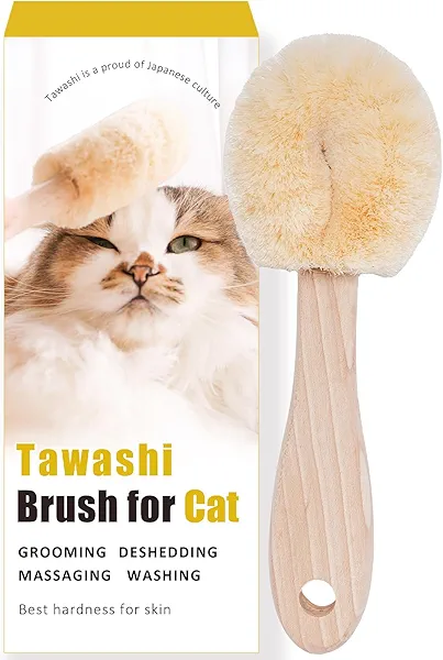 Wablade Cat Grooming Massage Tawashi Brush with Wood Handle Less Static Natural Sisal fiber Made in Japan (Type-B)