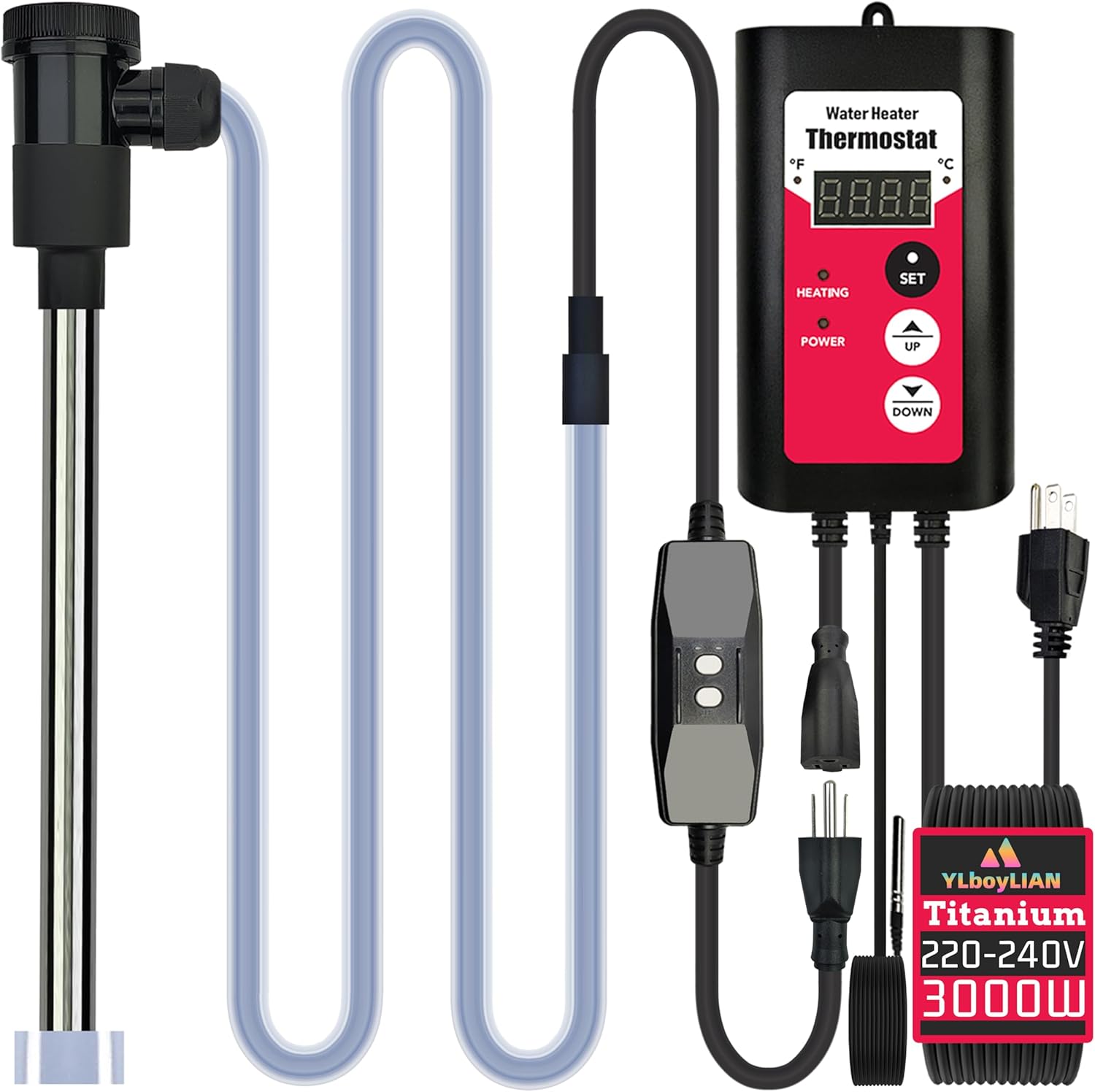 240V 3000W Titanium Immersion Pool & Bathtub Water Heater Portable Electric Submersible Heater with Thermostat & GFCI for baptismal, Inflatable Pool, Above Ground Pool, Baptistry & Hot Tub