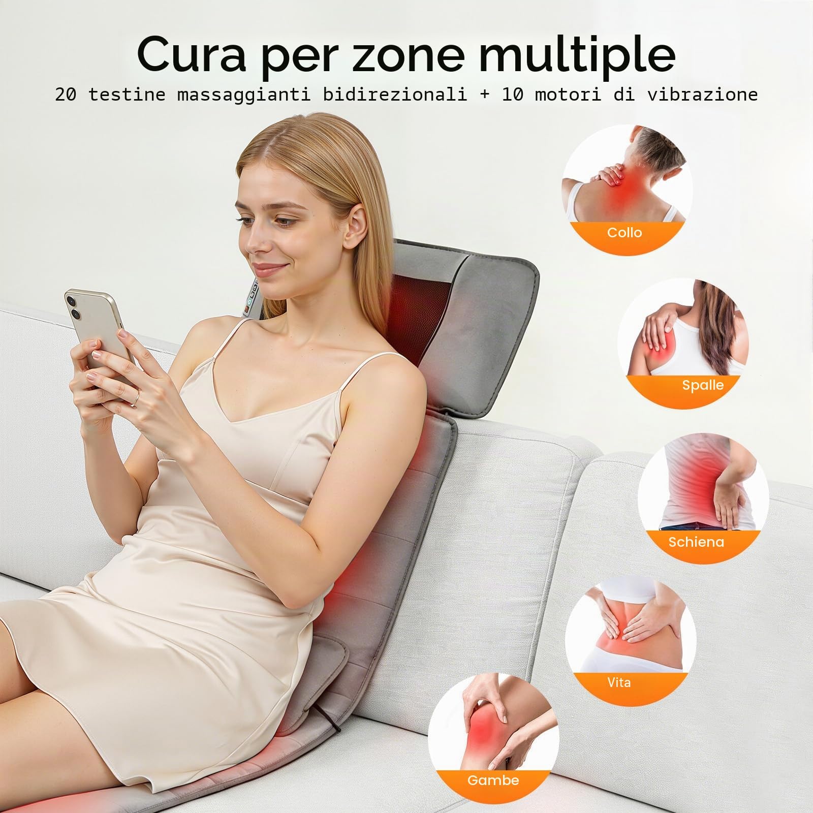 Tappetino massaggiante Shiatsu con calore, 20 testine | 10 motori vibranti, 9 modalità, 9 intensità e 9 velocità, timer 10/20/30 min, cuscino cervicale rimovibile e airbag lombare