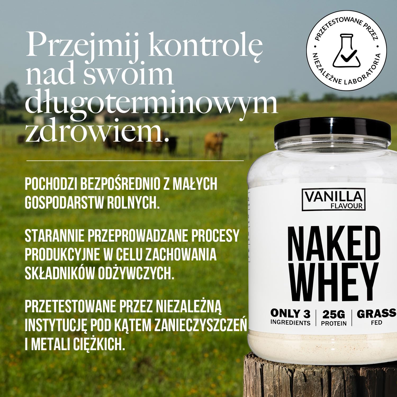 Naked Whey - Suplement diety w postaci proszku zawierający białko serwatkowe, o smaku waniliowym, bez GMO, bez soi, bez glutenu, wspomagający wzrost i regenerację mięśni, 2280 g
