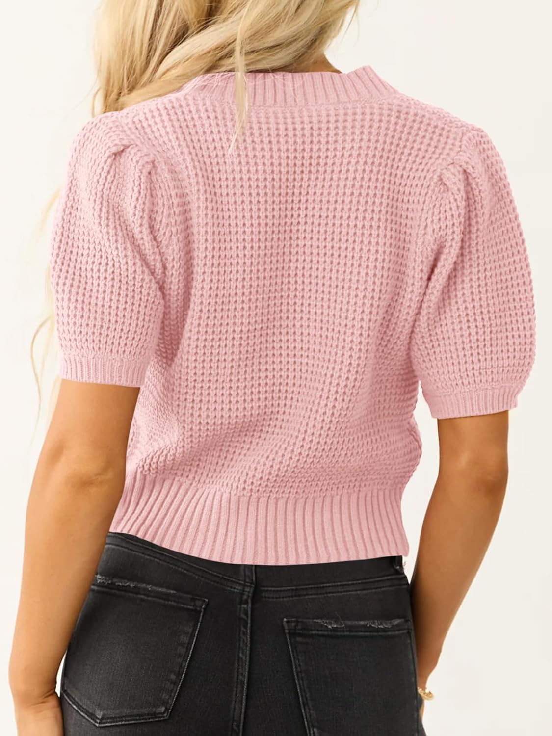 Saodimallsu Womens Puff Short Sleeve Sweater Top Waffle Knit V Neck Spring Summer Cropped Trendy Cute Shirts Blouses - Image 5