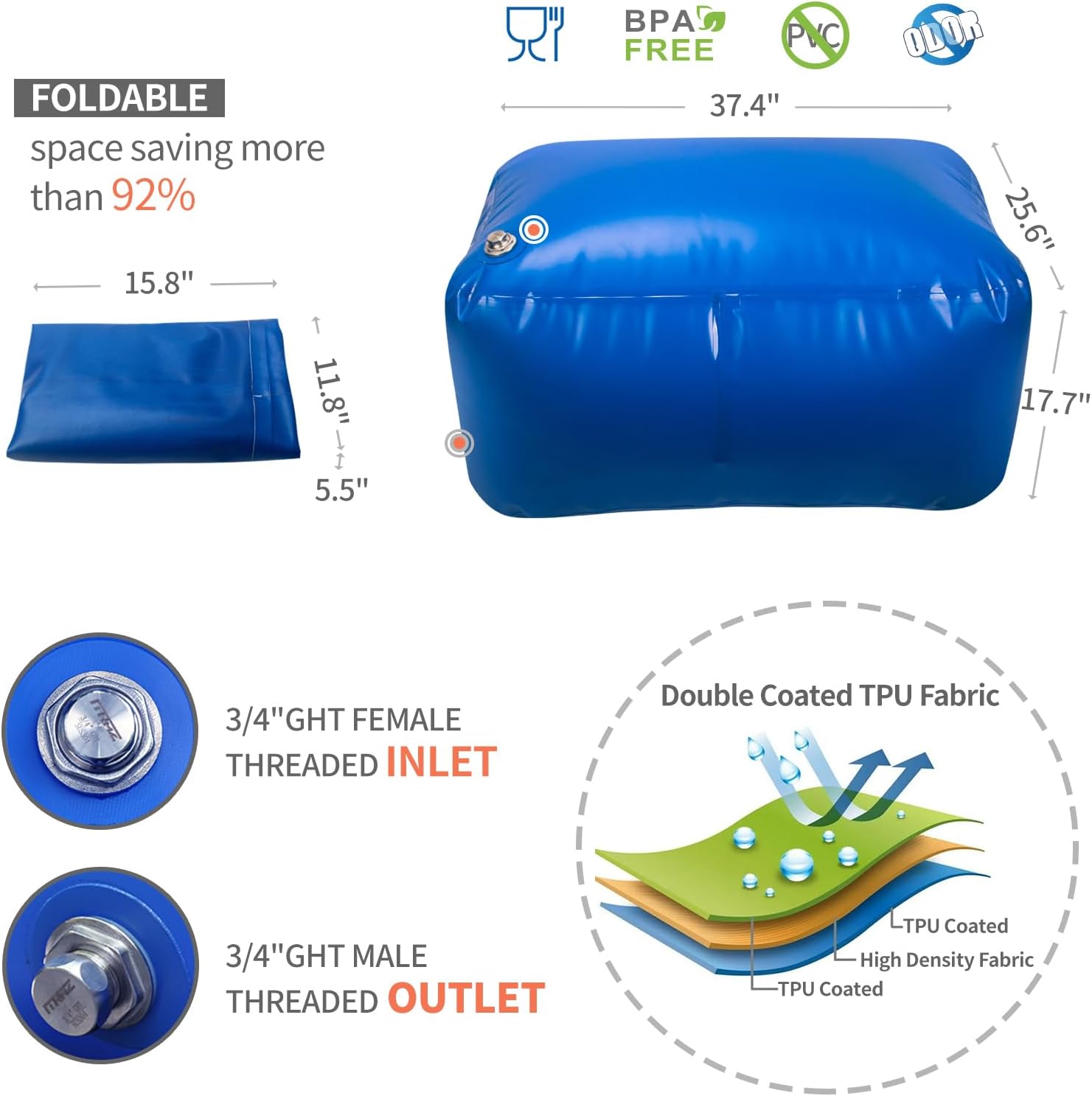 TPU Water Bladder, 100 Gallon BPA Free Potable Water Storage Tank for Drinking, Portable Collapsible Water Reservoir for RV, Truck, Camping, Garden, Emergency - Food Grade, Light Weight