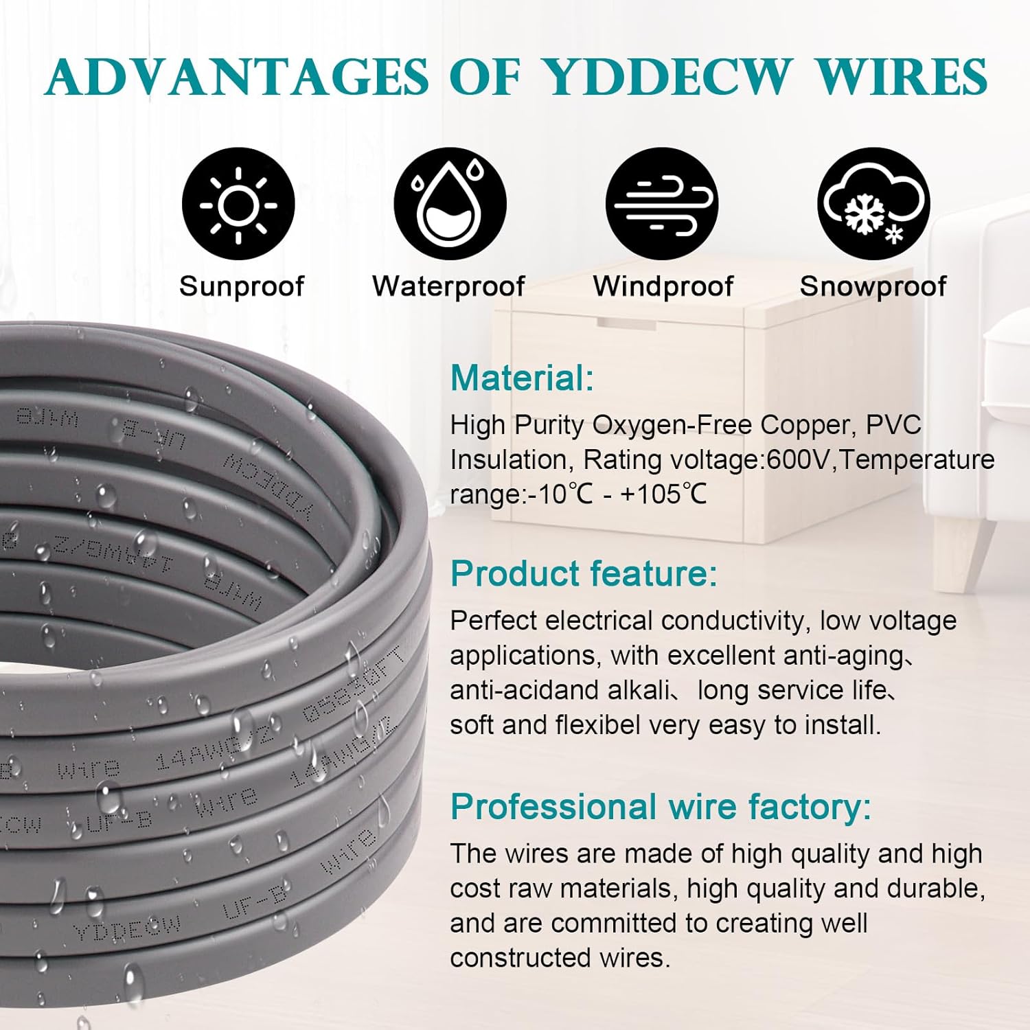14/2 UF-B Wire - 100FT 100% Pure Copper 14AWG 2 Connector Direct Burial Electrical Cable 14 Gauge for Underground Feeder Wet or Corrosive Locations Indoor & Outdoor etc