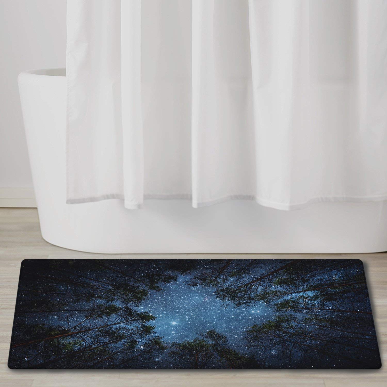 QiyI Starry Night Bath Rug 3D Super Soft Non-Slip Mat Machine Washable Quick Dry Milky Way, Office Door Mats, Kitchen Dining Living Hallway Bathroom Rugs 16"x48" - The Forest Under The Stars