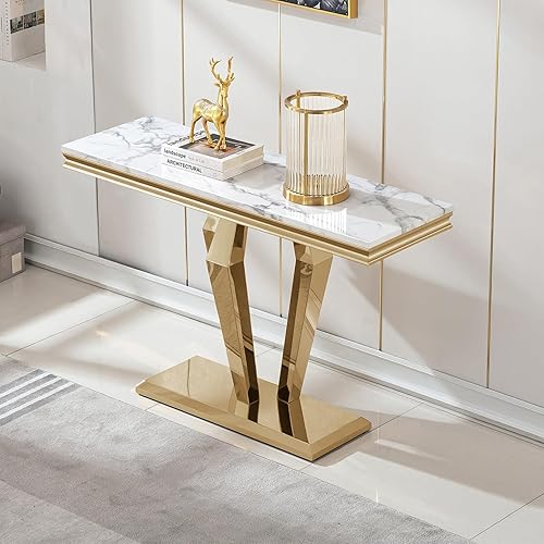 Vista 13 de Henf Mesa consola de mármol sintético, mesa de entrada de mármol blanco de lujo con base de acero inoxidable con espejo dorado, elegante mesa