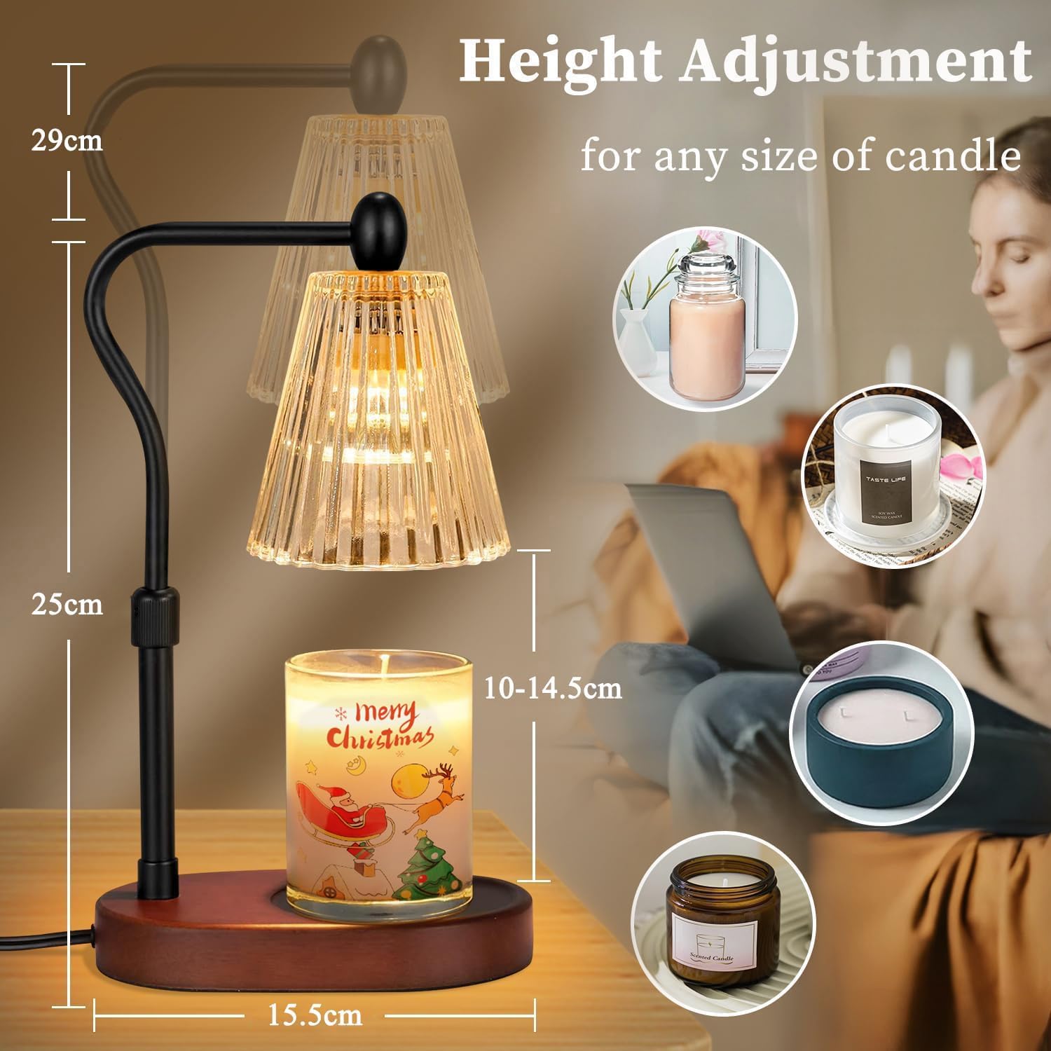 Loowoko Lampe Chauffe Bougie, Chauffage Bougie avec Minuterie et Variateur,Réglable en Hauteur,avec 2 Ampoules,Candle Warmer Lamp pour Bougies Parfumées en Verre, Maison, Chambre, Décoration