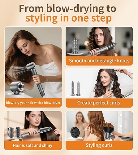 Miniatura 5 de Kit de cepillo de secador de pelo 9 en 1, potente secadora profesional de aire caliente de 1200 W con funda, rizador de aire automático de 110,000