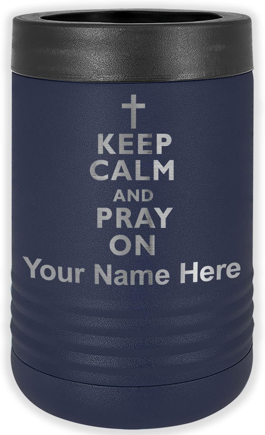 LaserGram Personalized 12 oz. Stainless Steel Can & Bottle Insulator, Keep Calm and Pray On – Keeps Drinks Cold Longer (Yellow)