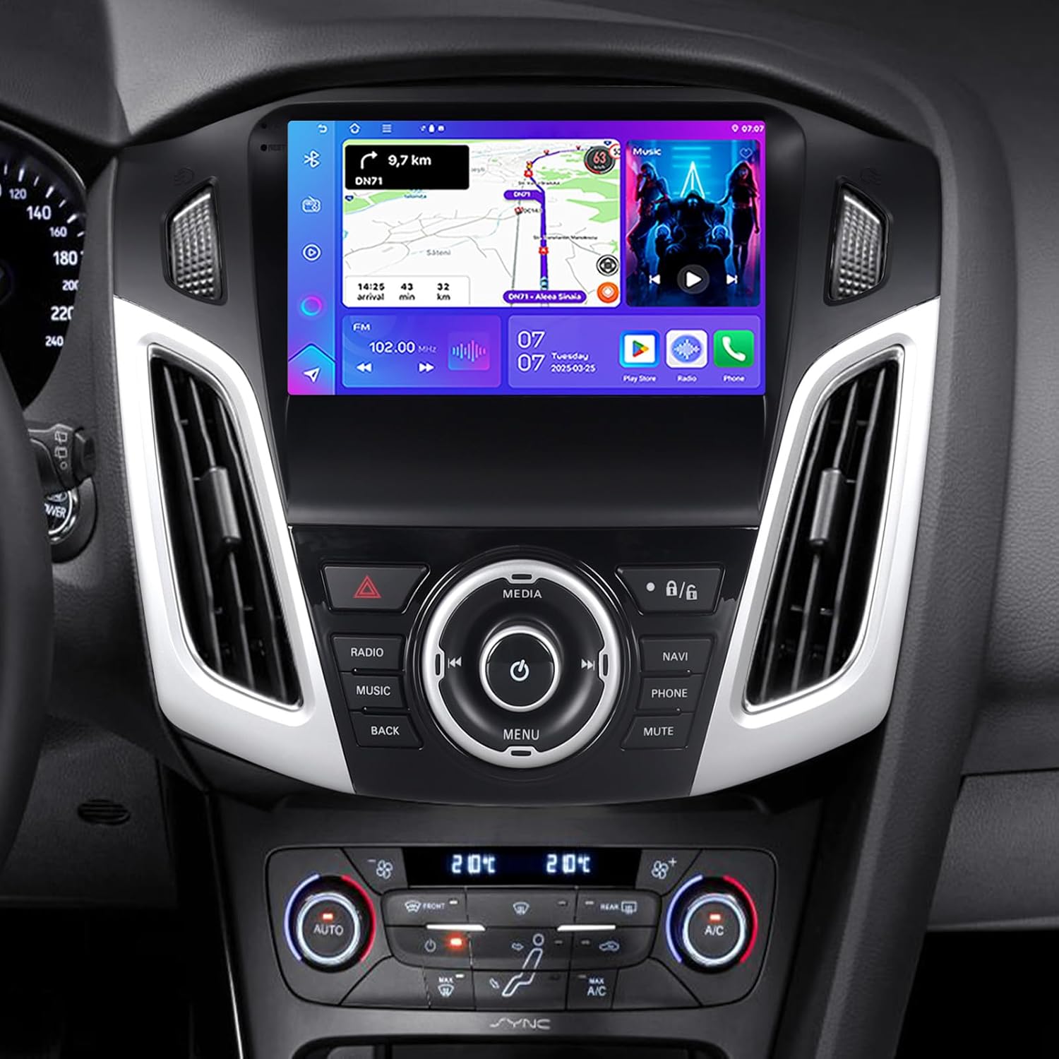 Android 15 Car Radio for Ford Focus MK3 2011-2014 4+64GB 9 Inch Touch Screen Wireless Apple CarPlay & Android Auto GPS Navigation Bluetooth 5.4 WiFi 6.0 Steering Wheel Control