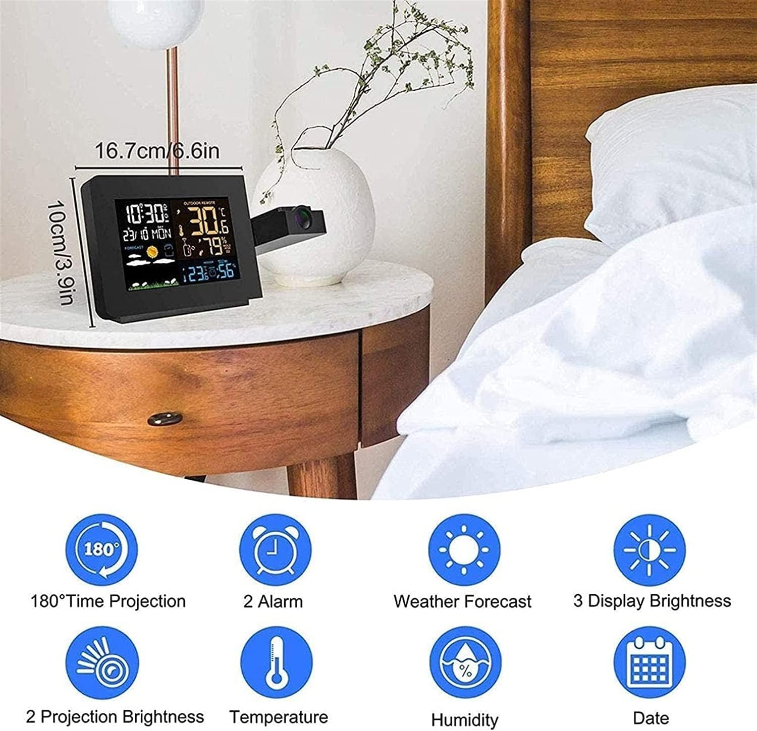 Projection Alarm Clock, Digital Clock Projector on Ceiling with Indoor/Outdoor Temperature Display, Dual Alarms, Colored Backlight, Weather Forecast