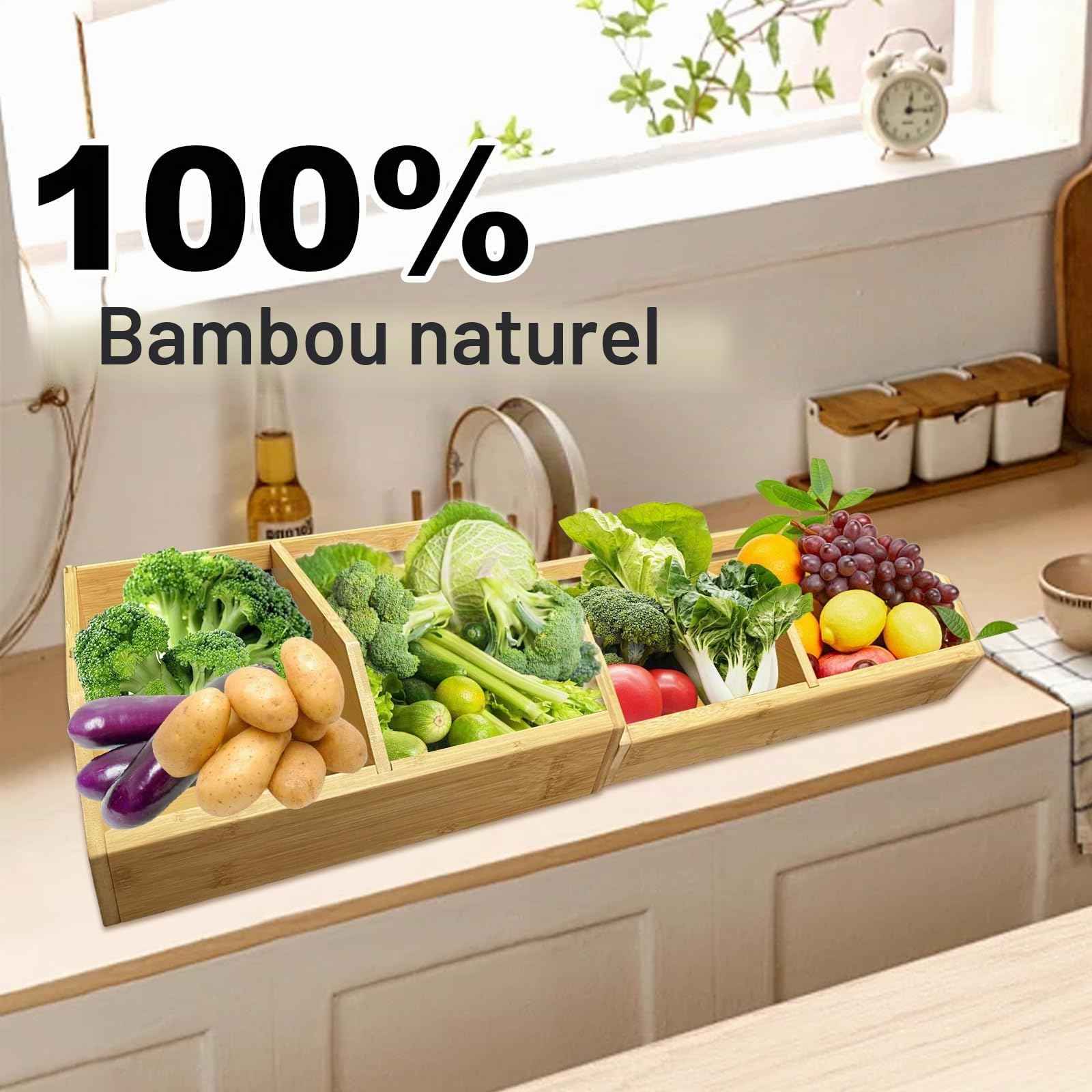 Lot de 2 bacs de rangement empilables en bambou pour légumes, organisateurs et paniers de rangement pour cuisine et garde-manger, pour fruits, légumes, produits, pain, pommes de terre, oignons et